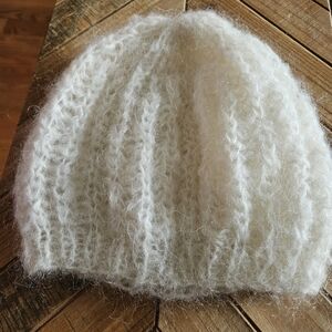Hand Made Cozy White Knit Beanie From 100% Italian Mohair